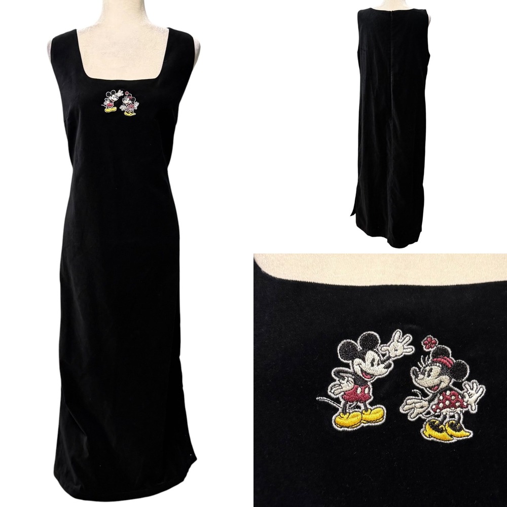 Vtg Disney Maxi Jumper Dress Women L Black Velvet Mickey Minnie Embroidered Goth